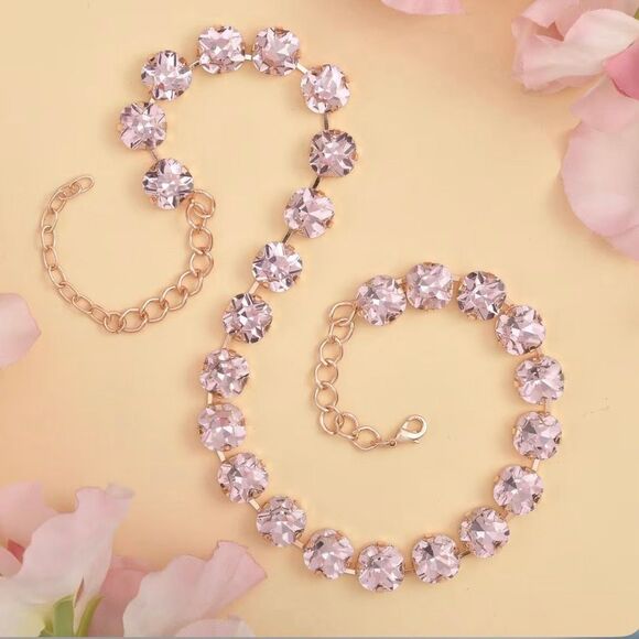 Faceted Pink Topaz Tennis Necklace 20-22 Inches Adjustable in Gold New - Picture 2 of 5